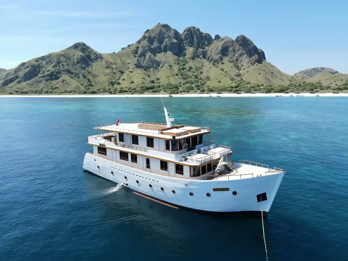 White multi-deck cruising vessel at anchor in front of green mountains