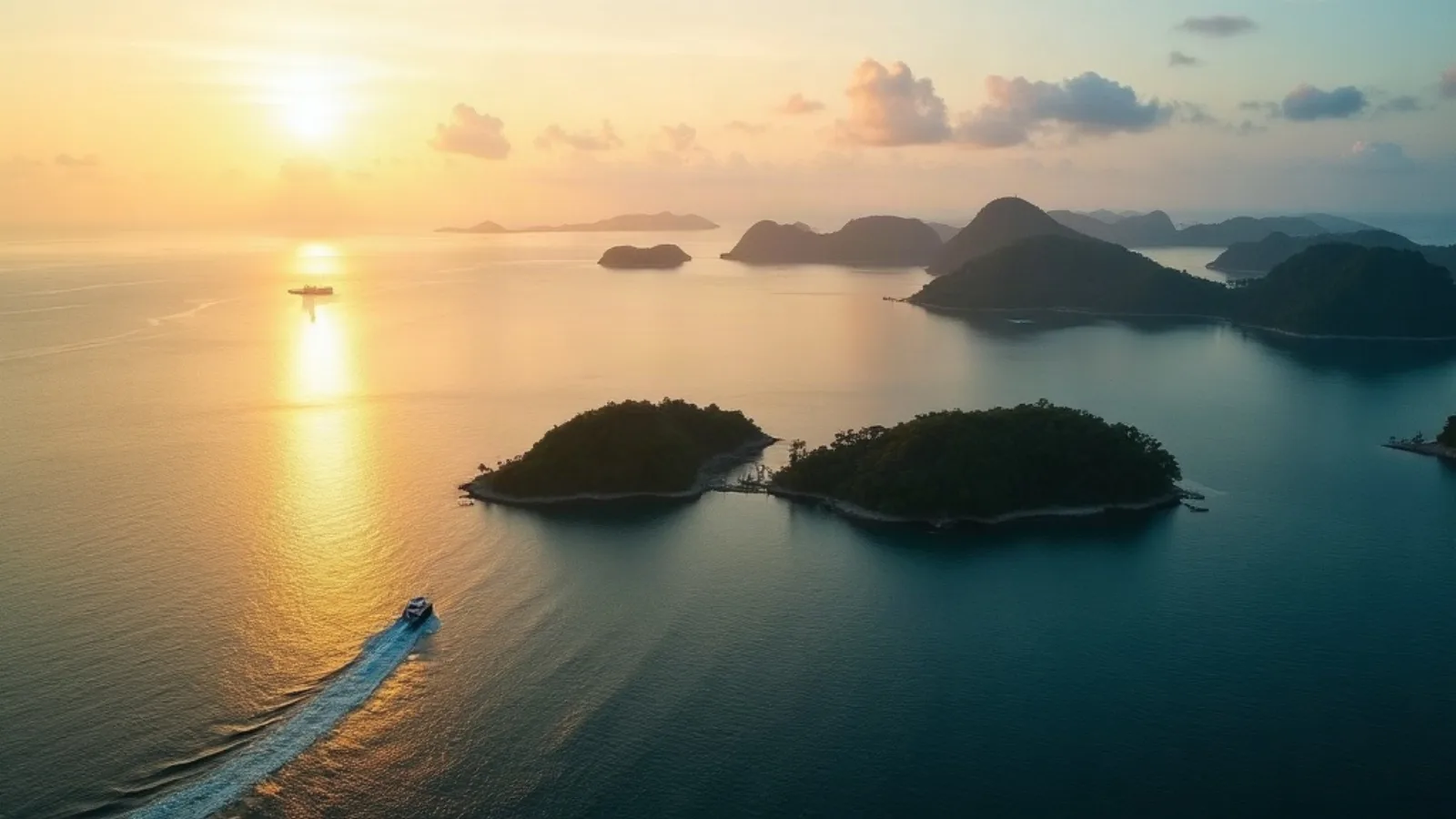 Indonesian archipelago coastline with a yacht under way