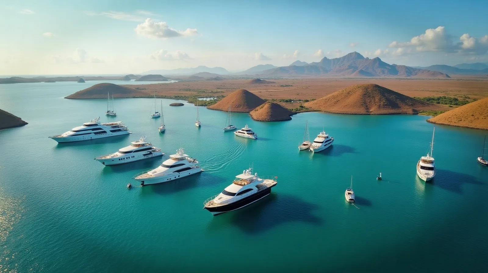 Pemandangan udara kapal liveaboard dan motor yacht berlabuh di perairan Labuan Bajo