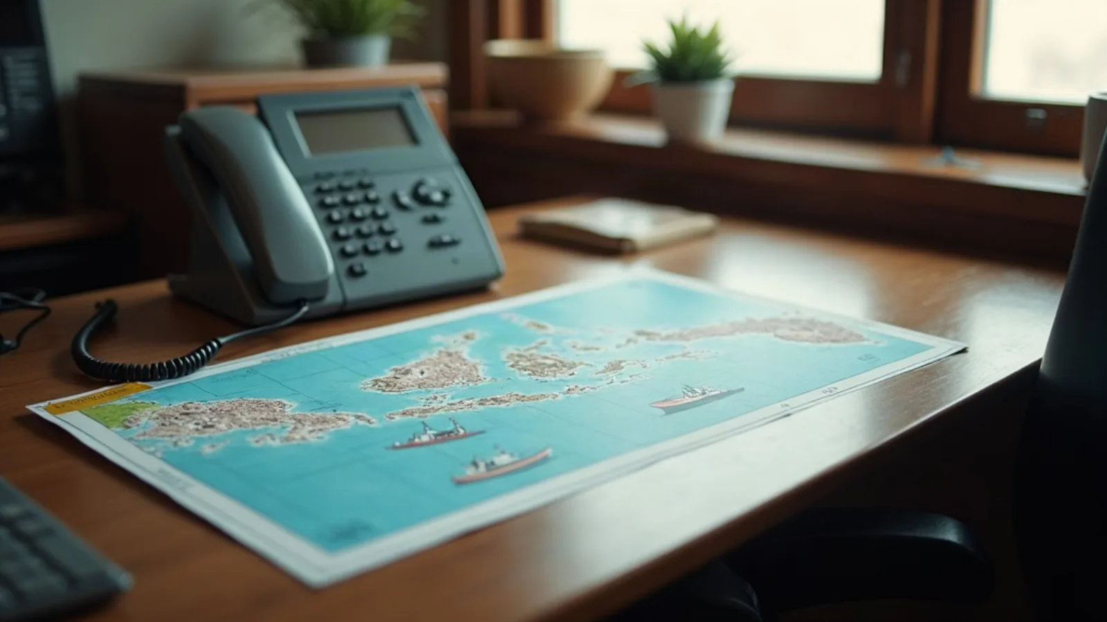 Brokerage desk with Indonesian archipelago chart and vessel plans