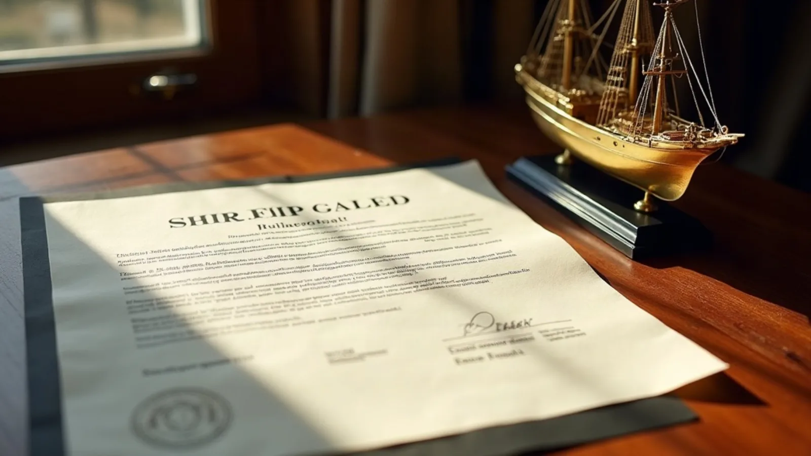 Notarised vessel sale documents on a desk during an escrow closing