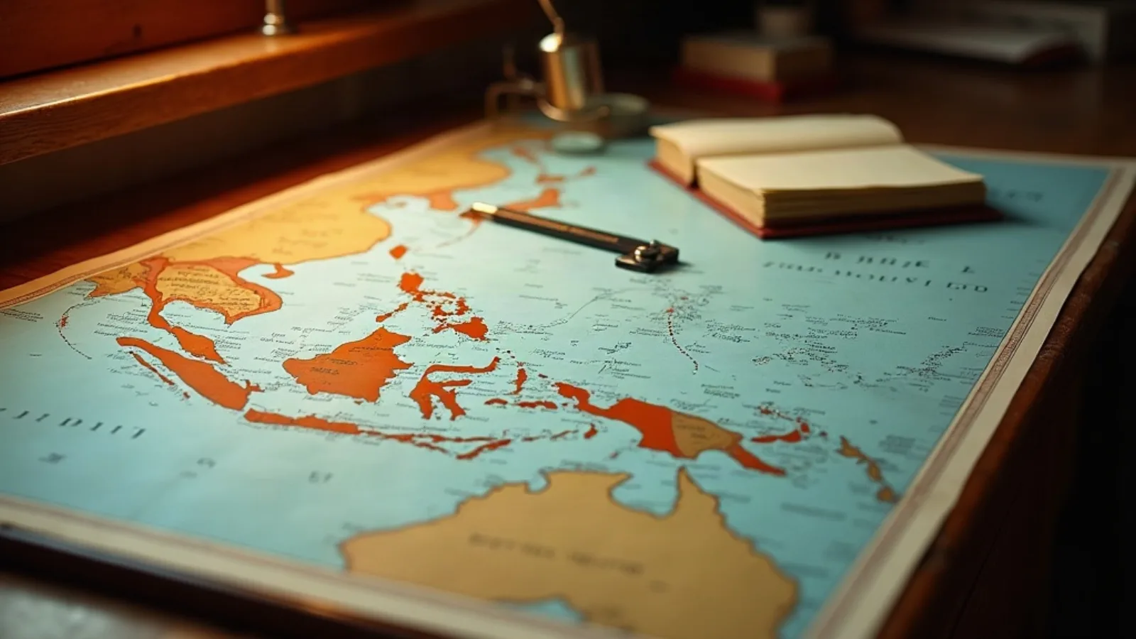 Marine chart of the Indonesian archipelago on a chart table