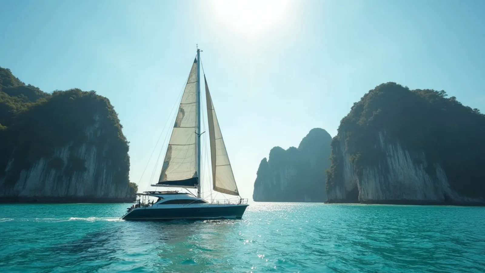 Catamaran cruising between Indonesian islands under private flag