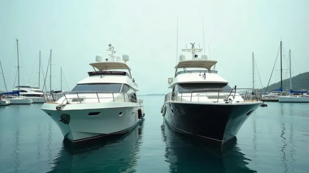 Dua yacht sejenis bersandar berdampingan di marina Indonesia