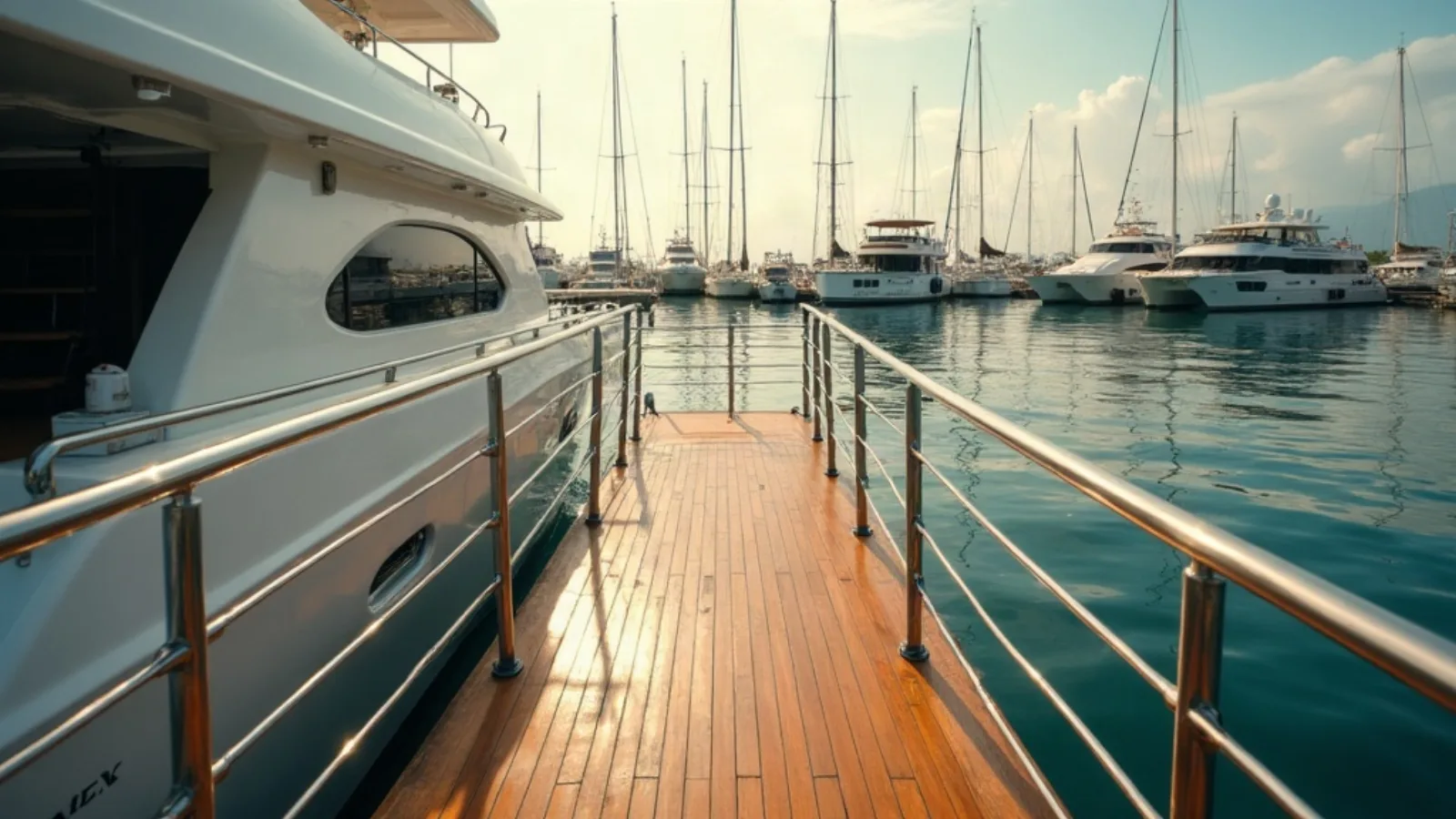 Boarding a motor yacht for viewing at an Indonesian marina