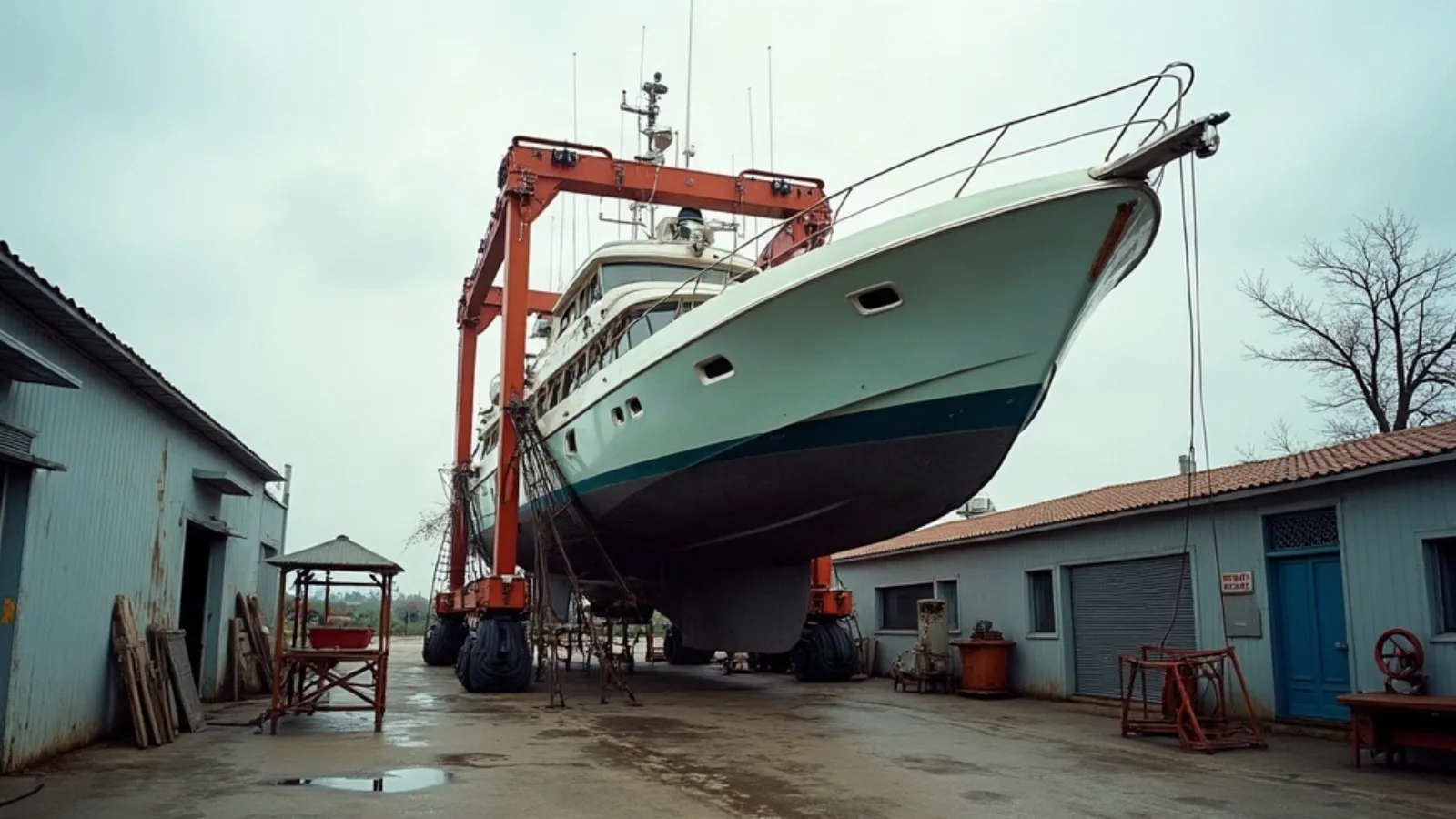 Yacht hauled out for pre-purchase survey inspection at a boatyard