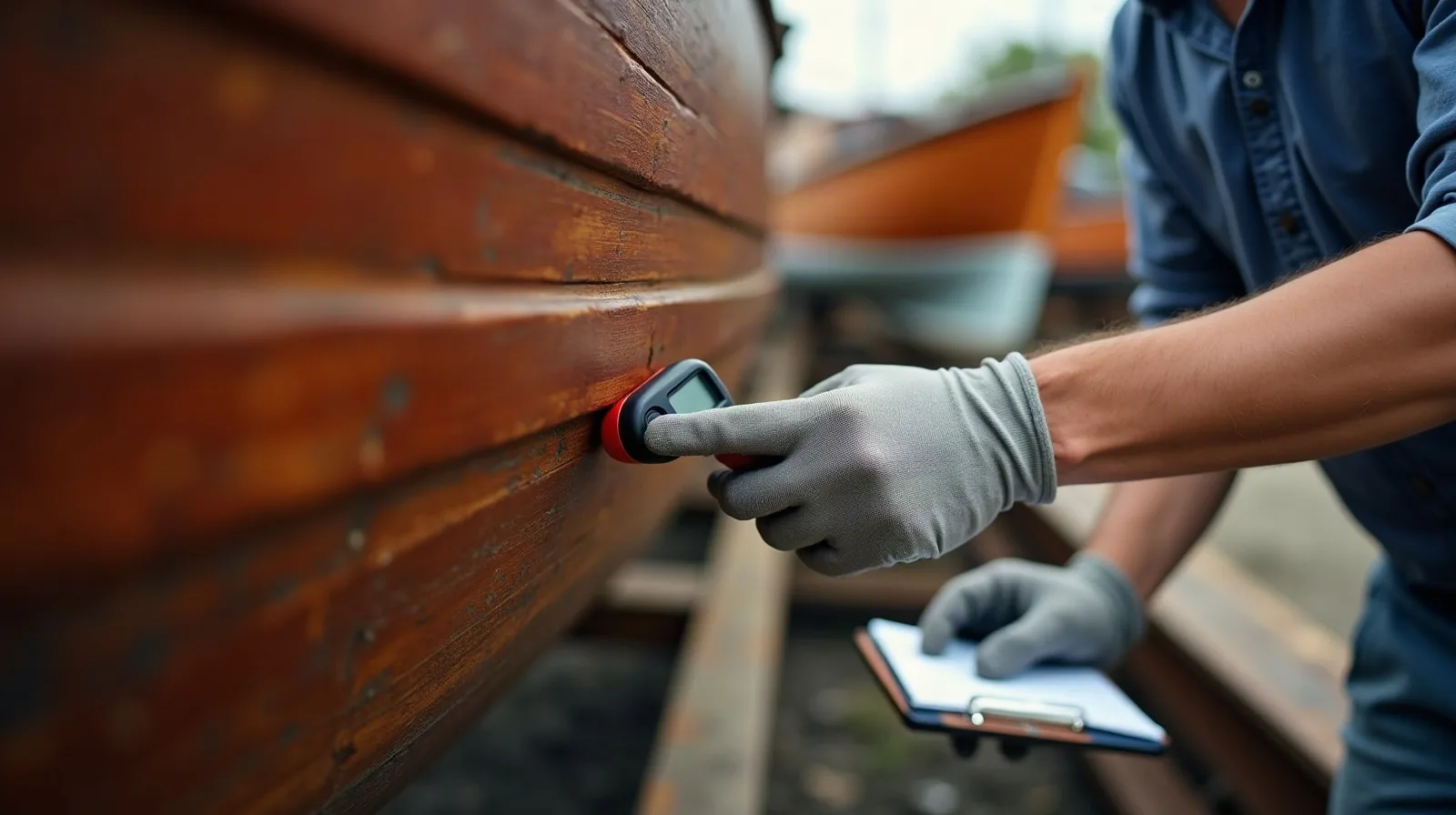 Surveyor memeriksa papan lambung kayu kapal phinisi yang naik dok di galangan Indonesia