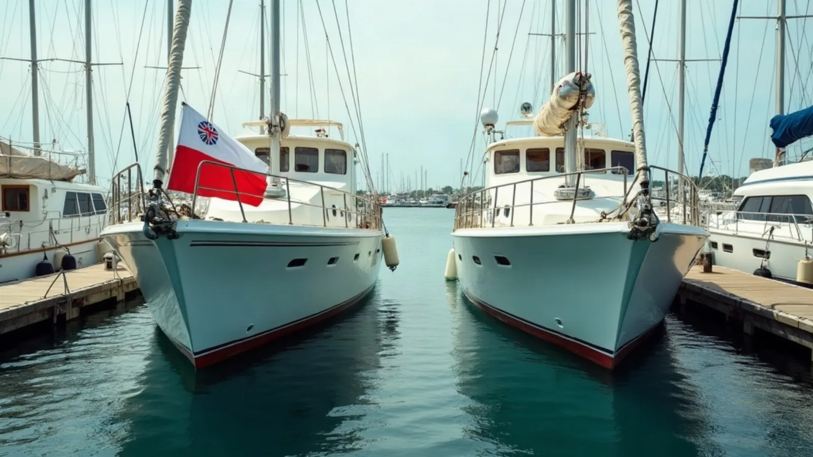 Dua buritan kapal dengan bendera berbeda di pelabuhan Indonesia