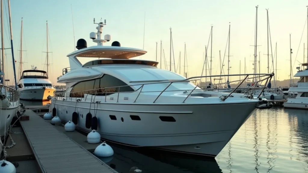 Yacht dipresentasikan rapi di dermaga marina untuk calon pembeli