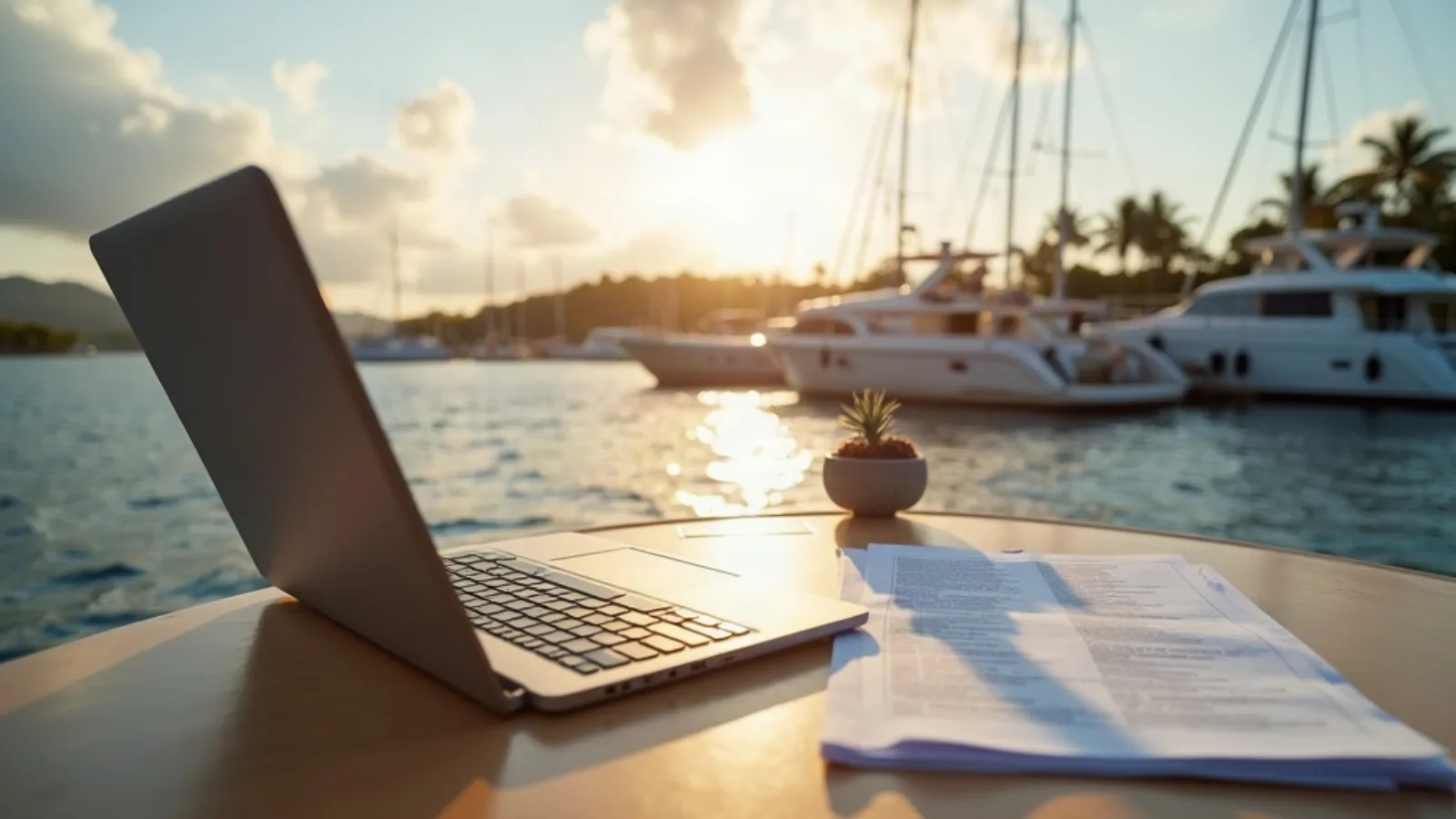 Yacht brokerage documents reviewed on a flybridge at an Indonesian marina