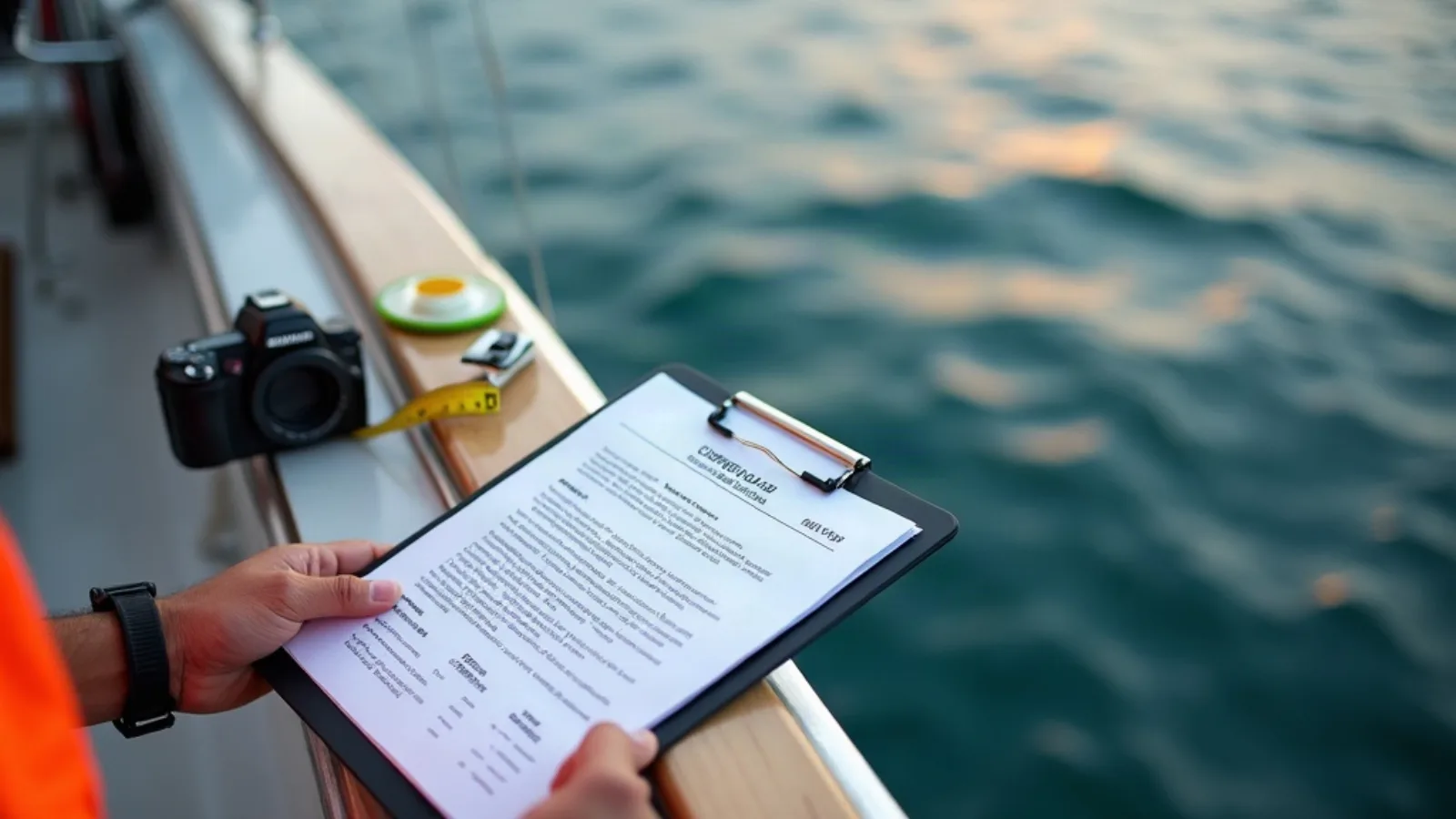 Survey and valuation tools on a yacht deck during an appraisal