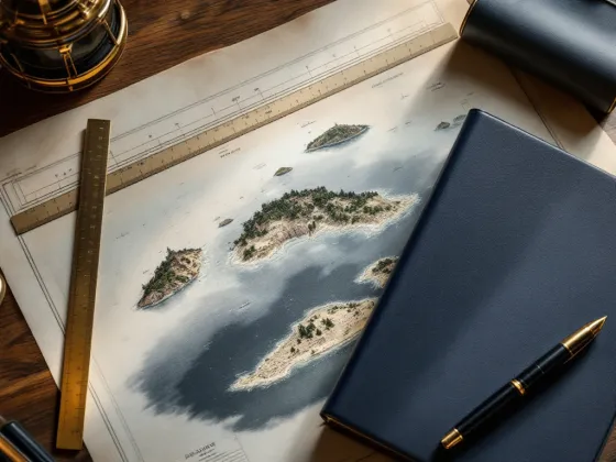Brokerage desk with an archipelago chart, brass dividers and a closed transaction folder